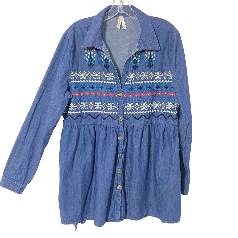 ROPER Chambray Denim EMBROIDERED Button Up Shirt XL Western EMPIRE WAIST Cotton